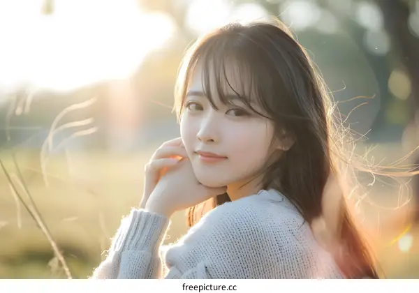 Beautiful Asian Woman Looking At Camera In Field With Sunlight