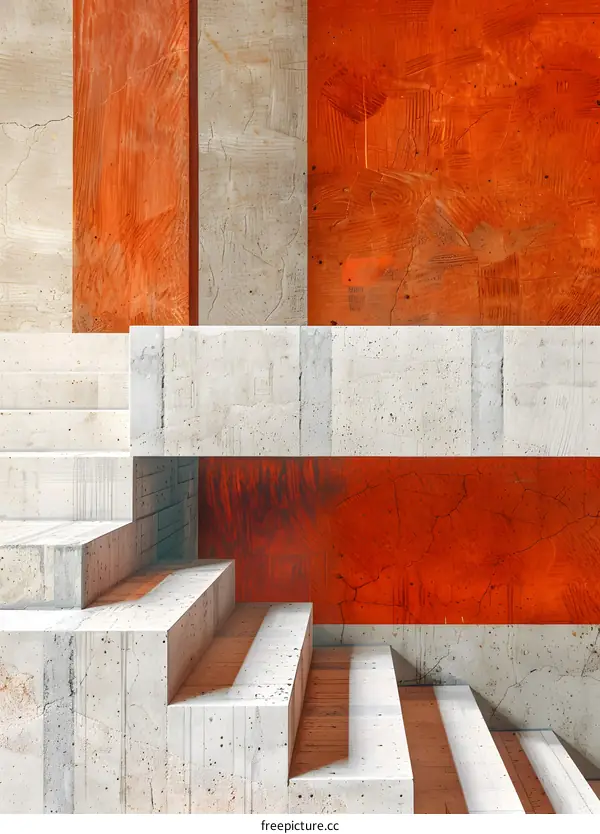 3d rendering of a concrete staircase with a red wall background
