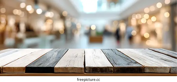 Wooden Tabletop in a Shopping Mall Blurred Background