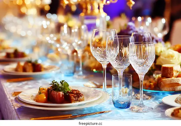 Elegant Banquet Table Setting with Exquisite Dishes