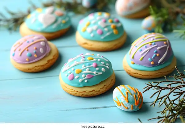 Colorful Easter Egg-Shaped Cookies on a Light Blue Wooden Background