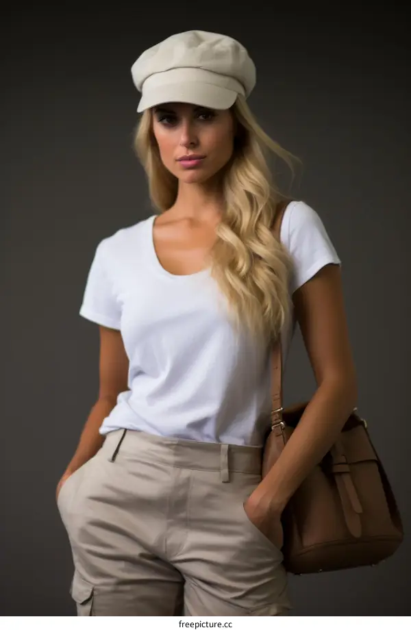 Portrait of a young blonde woman in a white shirt and khaki pants