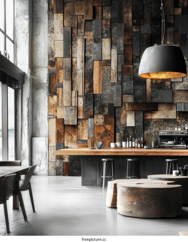 Industrial Style Cafe Interior with Wood Paneling