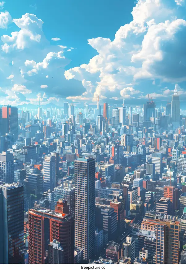 City Skyline with Blue Sky and White Clouds