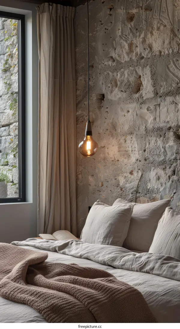 Rustic Bedroom with Stone Wall and Large Light Bulb