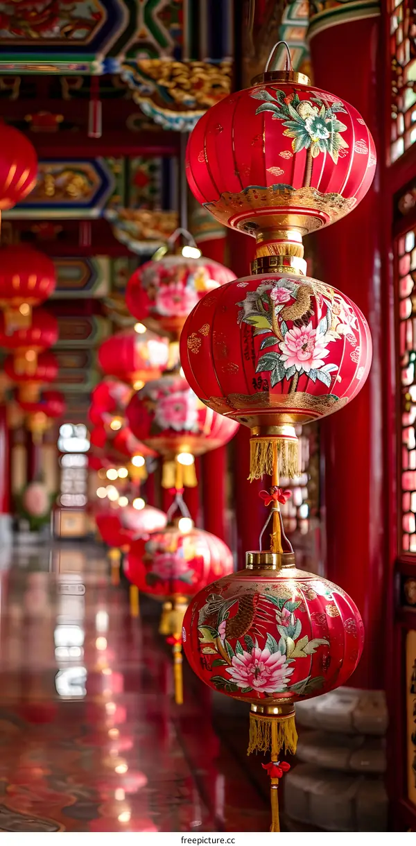 Red Chinese lanterns hang in a temple.
