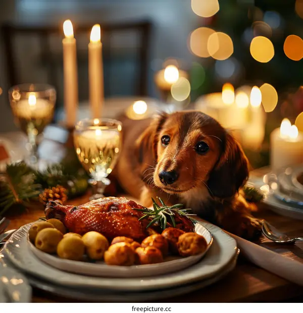 dachshund dog with christmas dinner