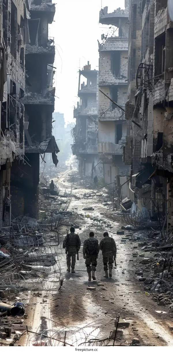Four soldiers walking through a destroyed city street