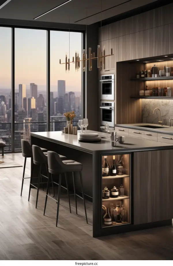 Walnut Kitchen Island With Glass Wine Cabinet