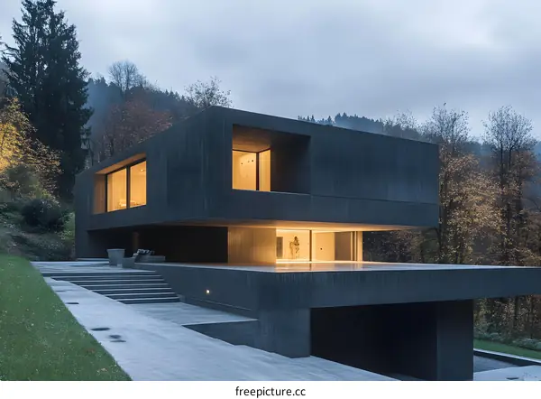Modern Concrete House with Large Windows and Surrounding Forest