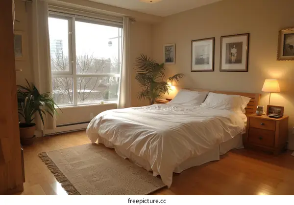 Comfortable Bedroom with Bed, Dresser, and Nightstand