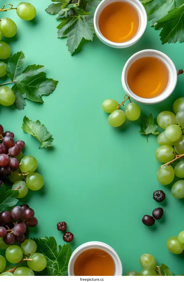 Green Grapes and Tea on Green Background