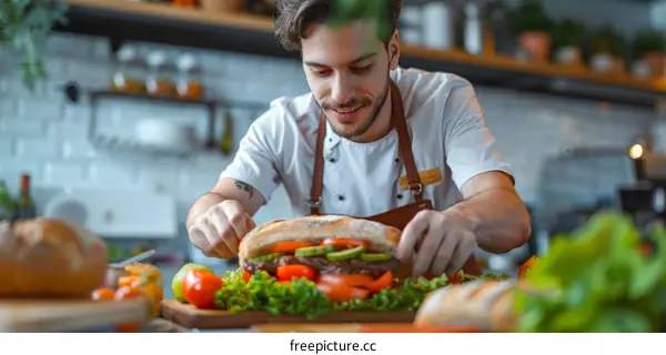 Delighted chef making a sandwich in a commercial kitchen