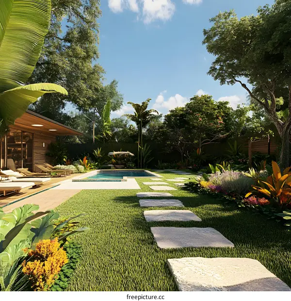 Tropical Backyard With Swimming Pool