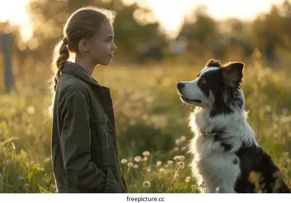 Girl and Border Collie in the Field at Sunset