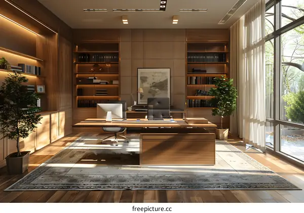 Office interior with wooden desk and leather chair