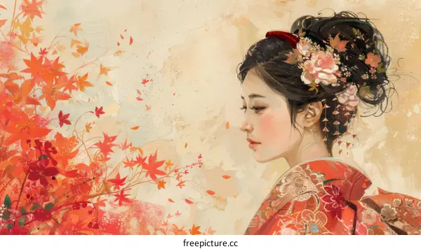 An illustration of a Japanese woman in a red kimono with autumn leaves in the background