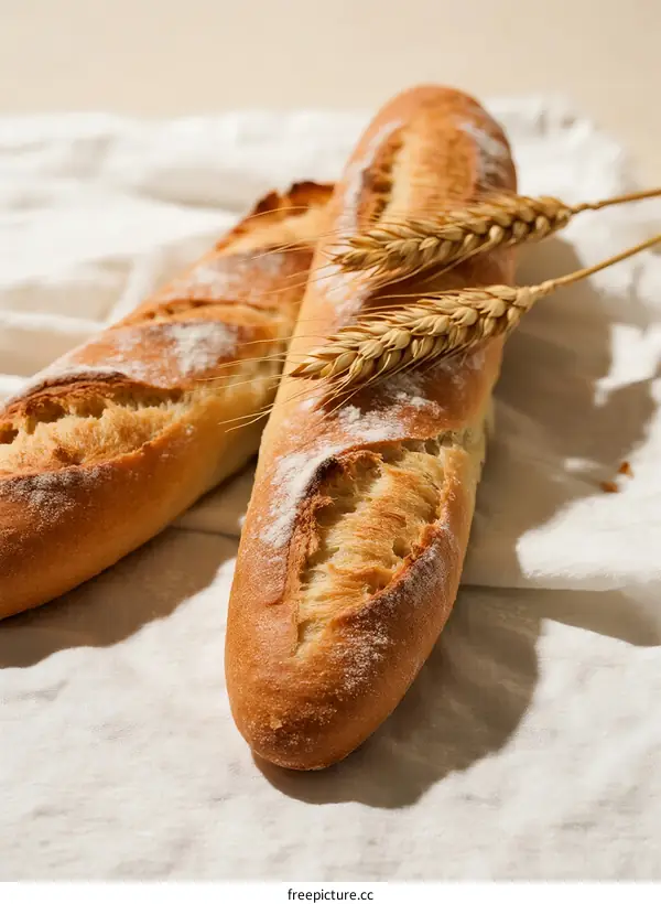 Freshly baked baguettes with wheat ears on linen cloth