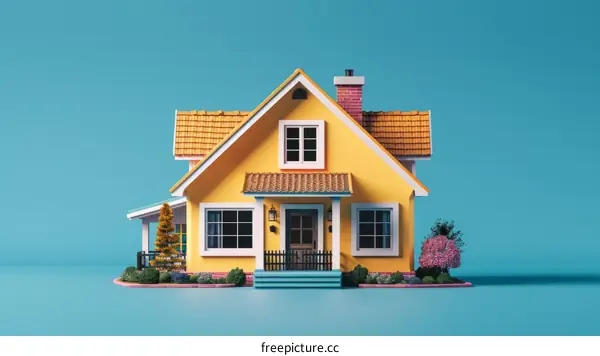 3D Model of a Yellow Cartoon House with a Brown Shingled Roof