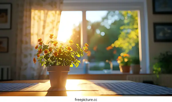 Warm Sunlight Illuminates a Homey Dining Area with Flowers