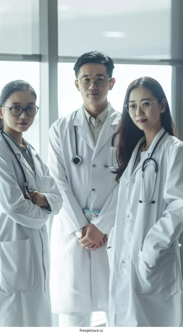 Three Asian doctors in white coats posing in a hospital