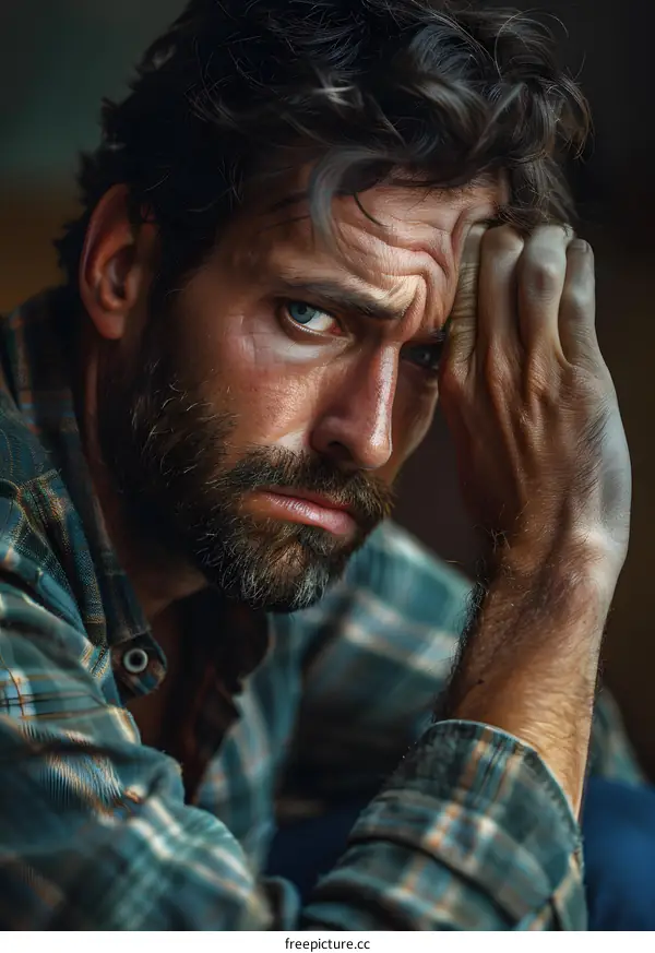 Portrait of a man with a beard and blue eyes looking at the camera with a hand on his head