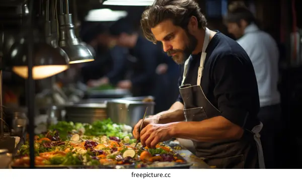 Focused male chef carefully preparing a delicious meal in a commercial kitchen