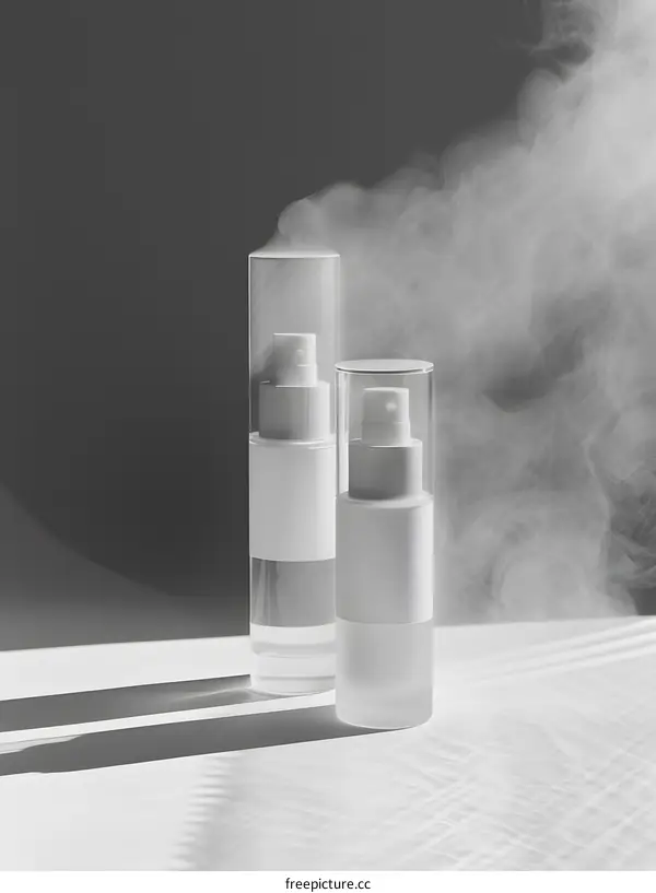 Two white bottles of perfume with a white background and smoke around them