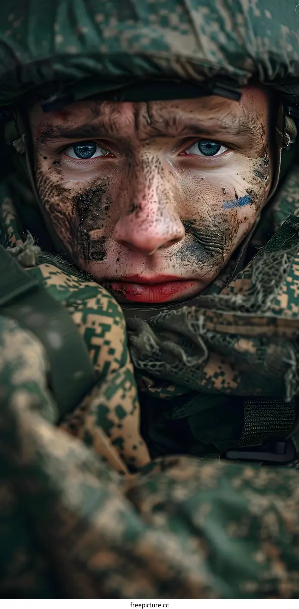 Close Up Portrait of a Soldier Covered in Mud