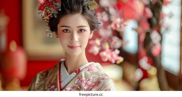Portrait of a beautiful Japanese woman in traditional kimono
