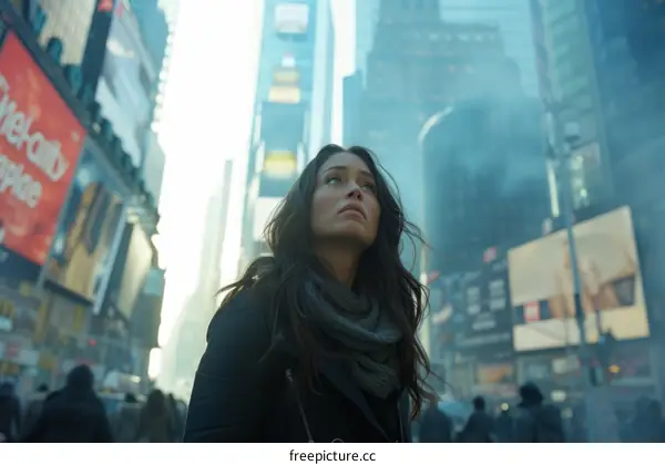 A woman standing in the middle of a busy city street looking up at the tall buildings.