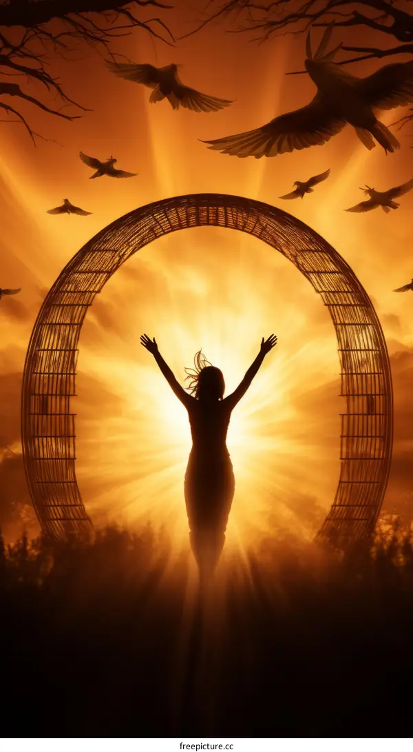 A Woman Standing in a Field of Wheat With Her Arms Raised in the Air as the Sun Sets Behind Her