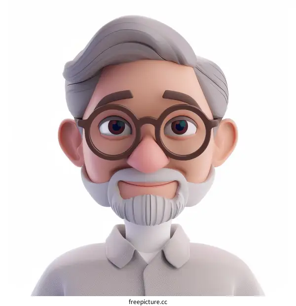 3D rendering of a gray-haired old man with beard wearing glasses