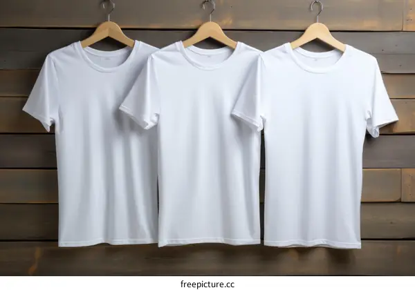 Three white T-shirts hanging on a wooden rack