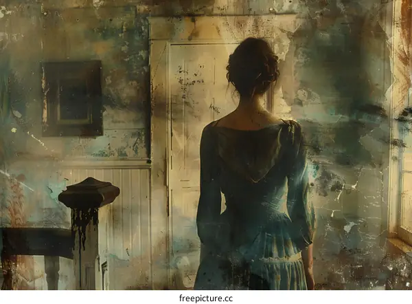 Woman Standing In Old House With Open Door