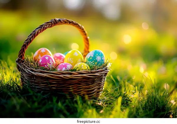 Easter Basket with Decorated Eggs in Grass