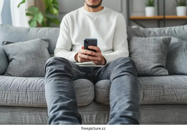 Man using smartphone on couch