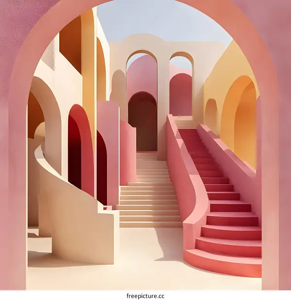Abstract Minimalist Architecture with Pastel Colors and Arched Windows