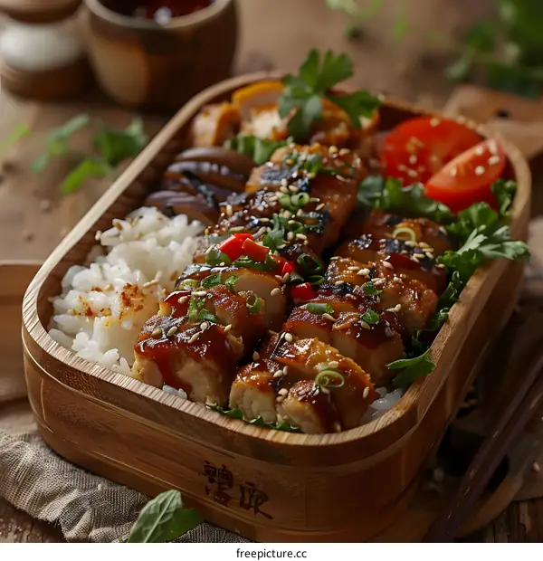 Grilled Chicken and Rice Bento Box with Sesame Seeds and Green Onions