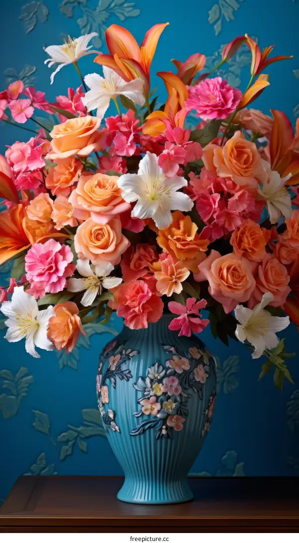 A beautiful bouquet of flowers in a blue vase