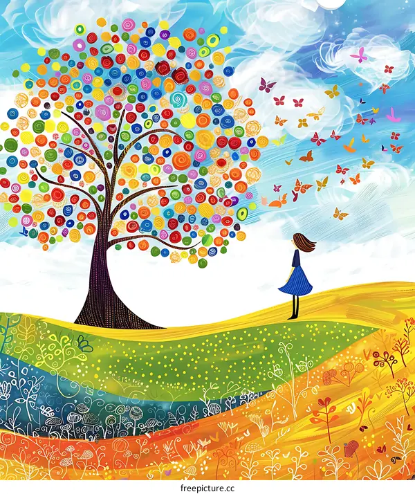 Colorful Tree with Butterflies and Girl Illustration