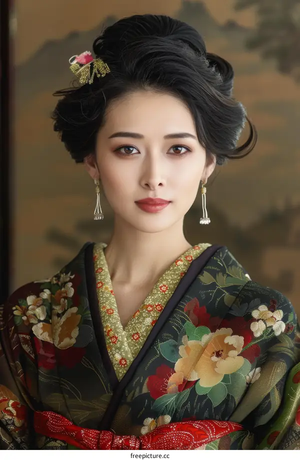 Portrait of a beautiful Asian woman in traditional Japanese kimono
