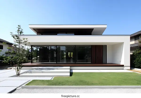 Modern White House with Glass Doors and Wooden Deck