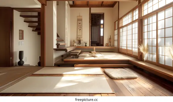 Traditional Japanese Style Home Interior with Tatami Mat Floor and Wooden Beams