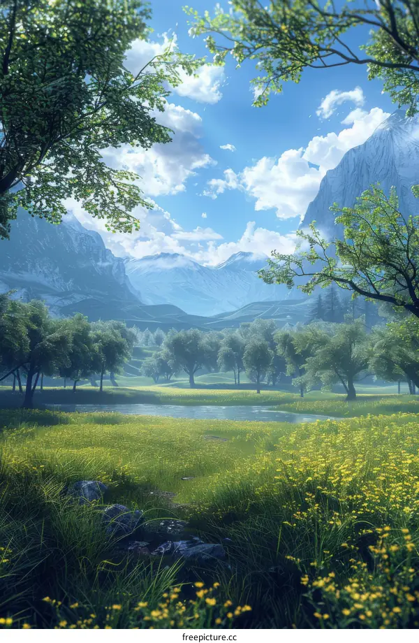 Mountain Valley Landscape with River and Yellow Wildflowers