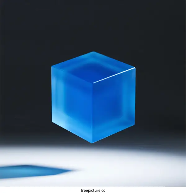 A Transparent Blue Glass Cube with Soft Light Reflection