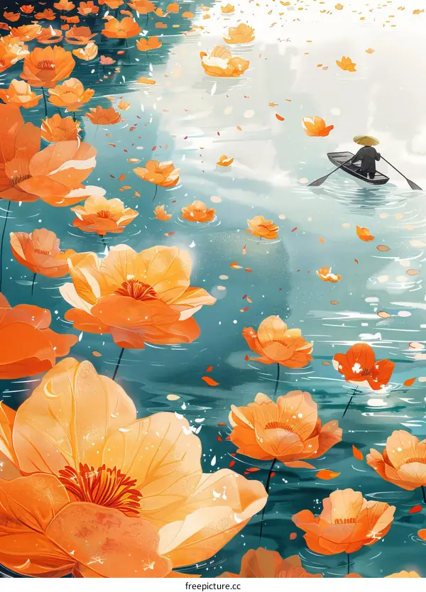 A Solitary Boatman in a Sea of Orange Water Lilies