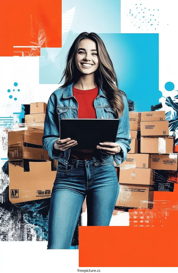 Young Woman with Tablet Among Cardboard Boxes