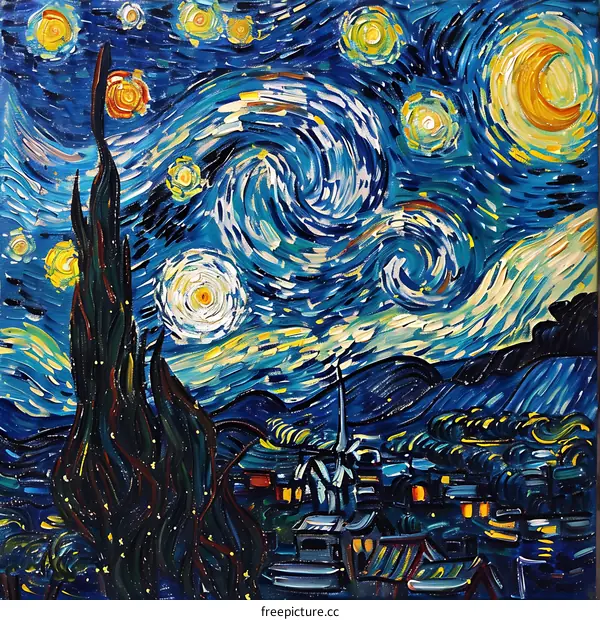 Night Sky with Swirling Stars and a Tall Tree in the Foreground