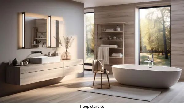 Modern Bathroom with Forest View and Natural Elements